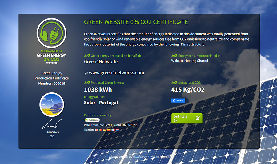 The 0% CO2 Green Website Certificate from our Green4Networks website.